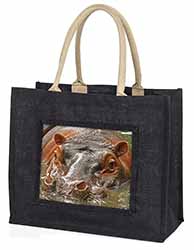 Hippopotamus, Hippo Large Black Jute Shopping Bag