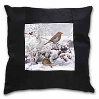 Snow Mouse and Robin Print Black Satin Feel Scatter Cushion