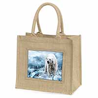 Polar Bear on Ice Water Natural/Beige Jute Large Shopping Bag