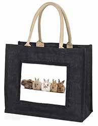 Cute Rabbits Large Black Jute Shopping Bag