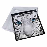 4x Siberian White Tiger Picture Table Coasters Set in Gift Box