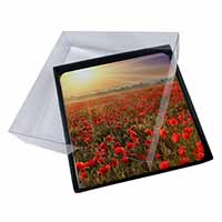 4x Poppies, Poppy Field at Sunset Picture Table Coasters Set in Gift Box