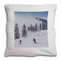 Snow Ski Skiers on Mountain Soft White Velvet Feel Scatter Cushion