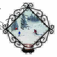 Snow Ski Skiers on Mountain Wrought Iron Wall Art Candle Holder