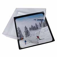 4x Snow Ski Skiers on Mountain Picture Table Coasters Set in Gift Box