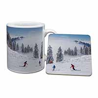 Snow Ski Skiers on Mountain Mug and Coaster Set
