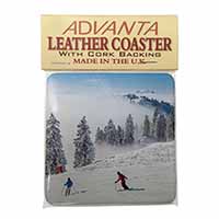Snow Ski Skiers on Mountain Single Leather Photo Coaster