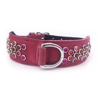 Medium Pink Real Leather Dog Collar With Crystal Gemstones - 12.5"-15.5"
