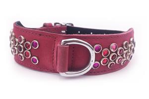 Large Pink Real Leather Dog Collar With Crystal Gemstones - 16.5"-19.5"
