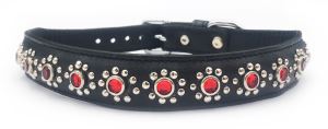 Small Black Leather Dog/Cat Collar+Red Jewels Fits Neck 7"-8"