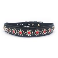 Small Black Leather Cat or Dog Collar with Red Jewels, Fits Neck: 7.5"-8.5"