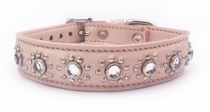 Small Pale Pink Leather Dog/Cat Collar+Jewels Neck 9"-10"