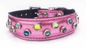 Pink Metalic Leather with Jewels Dog/Cat Collar Fits Neck 7"-8.5"