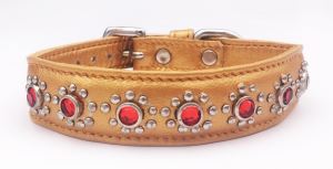 Small Gold Leather Dog Collar+Red Jewels Fits Neck 9"-10"