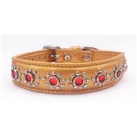 Small Gold Leather Dog Collar+Red Jewels Fits Neck 9"-10"