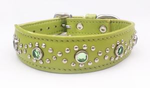 Green Leather+Jewels Dog/Cat Collar Neck Size 11"-12.25