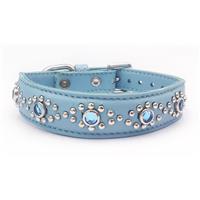 Baby Blue Leather+Jewels Dog/Cat Collar Neck Size 11"-1