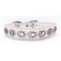 Small-Med White Leather Dog Collar+Jewels, Fits Neck: 11-12.25"
