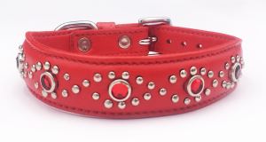 Red Leather+Jewels Dog/Cat Collar Neck Size 11"-12.25"
