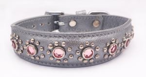 Small Grey Leather Dog/Cat Collar+Pink Jewels Fits Neck Neck 7"-8"