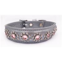 Small Grey Leather Dog/Cat Collar+Pink Jewels Fits Neck Neck 7"-8"