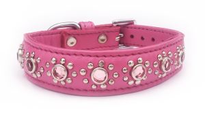 Small-Medium Pink Leather Dog/Cat Collar+Jewels Neck11"