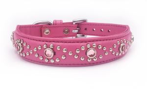 Small Pink Leather Cat or Dog Collar With Jewels, Fits Neck 9-10.5"