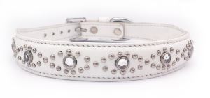 White Leather+Jewels Dog/Cat Collar Neck Size 11"-12.25