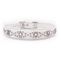 Small White Leather Jewelled Cat or Puppy Dog Pet Collar, Fits Neck: 7.5"-8.5"