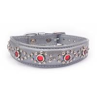 Small Grey Leather Cat or Puppy Collar With Red Jewels, Fits Neck: 7.5"-8.5"