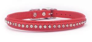 Diamante Red Leather Cat or Puppy Dog Collar, Fits Neck Size; 9-10.5"