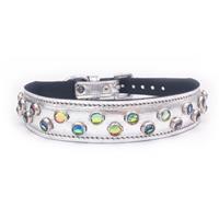 S-M Silver Leather Jewels Dog Collar Fits Neck 11"-12"