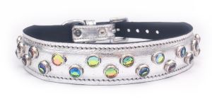 Small Metallic Silver Leather Dog/Cat Collar+Jewels Fits Neck 7.5"-8.5"
