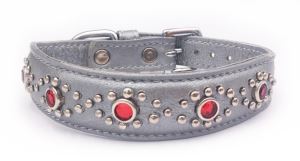Silver Grey Leather+Jewels Dog/Cat Collar Neck Size 11"