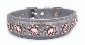 Small Grey Leather Dog Collar+Jewels Fits Neck 9"-10"