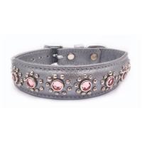 Small Grey Leather Dog Collar+Jewels Fits Neck 9"-10"