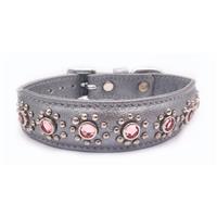 Small-Medium Grey Leather Dog/Cat Collar+Jewels, Fits Neck:11"-12.25"