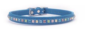 Diamante Blue Leather Cat or Puppy Dog Collar, Fits Neck Size; 9-10.5" CAT3