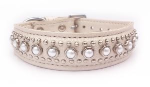 Gorgeous Beige Pearl Leather Dog Collar Fits Neck 11"-12" 