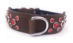 Black Nubuck Leather Dog Collar with Red Jewels Neck Size 10-13"