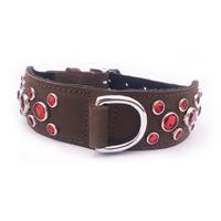 Brown Nubuck Leather Dog Collar with Red Jewels Neck Size: 10"-13"