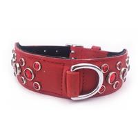 Red Nubuck Leather Dog Collar with Red Jewels Neck Size: 10"-13"