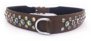 Brown Real Leather+Jewels Dog Collar Neck 11"-13" Pet G