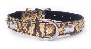Large Jewelled Brown Snakeskin Print Dog Collar, Fits Neck Size; 14"-17"