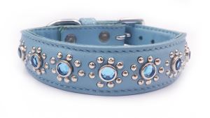 Small-Medium Blue Leather Dog/Cat Collar+Jewels Neck 11"-12"