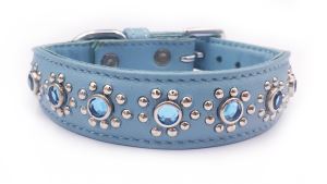 Medium Blue Real Leather Dog/Cat Collar+Jewels Neck 11"-12"