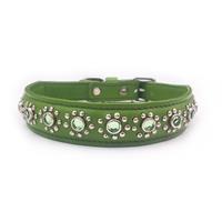 Small Green Leather Puppy Dog Collar With Flower Jewels Fits Neck 9-10.5"