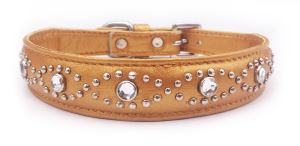 Gold Leather+Jewels Dog/Cat Collar Neck Size 11"-12.25"