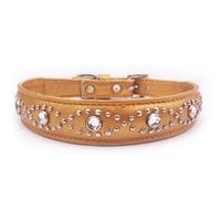 Small Metallic Old Gold Leather Jewelled Cat or Dog Collar 7.5"-8.5"