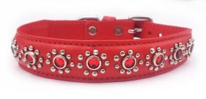 Medium Red Leather Dog Collar with Jewels, Fits Neck 11-12.25"